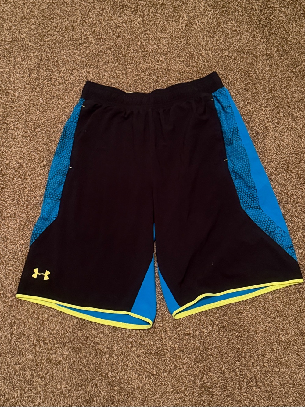 Under Armour Men’s Black Athletic Shorts with Blue Panels and Yellow Trim